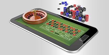 Virtual mobile roulette table with chips and a wheel